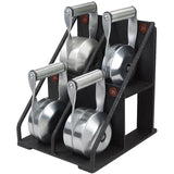 Side view of Four Solid Steel Kettlebells on Custom Rack